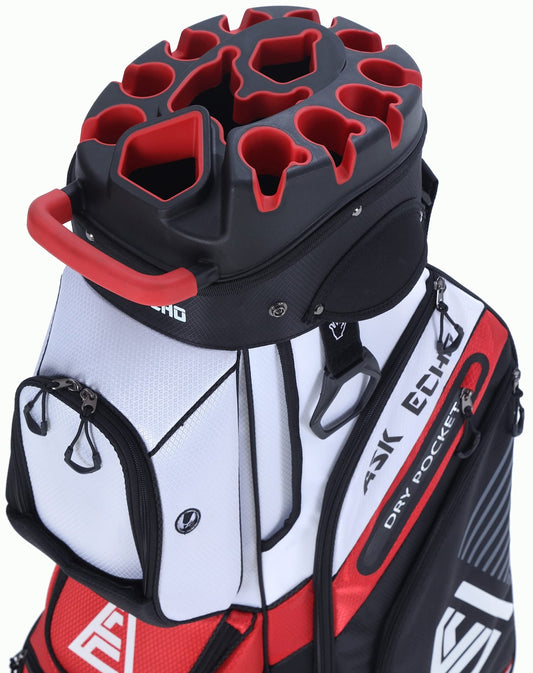 ASK ECHO T - Lock Golf Cart Bag with 14 Way Organizer Divider Top, Premium Cart Bag with Handles and Rain Cover - White -