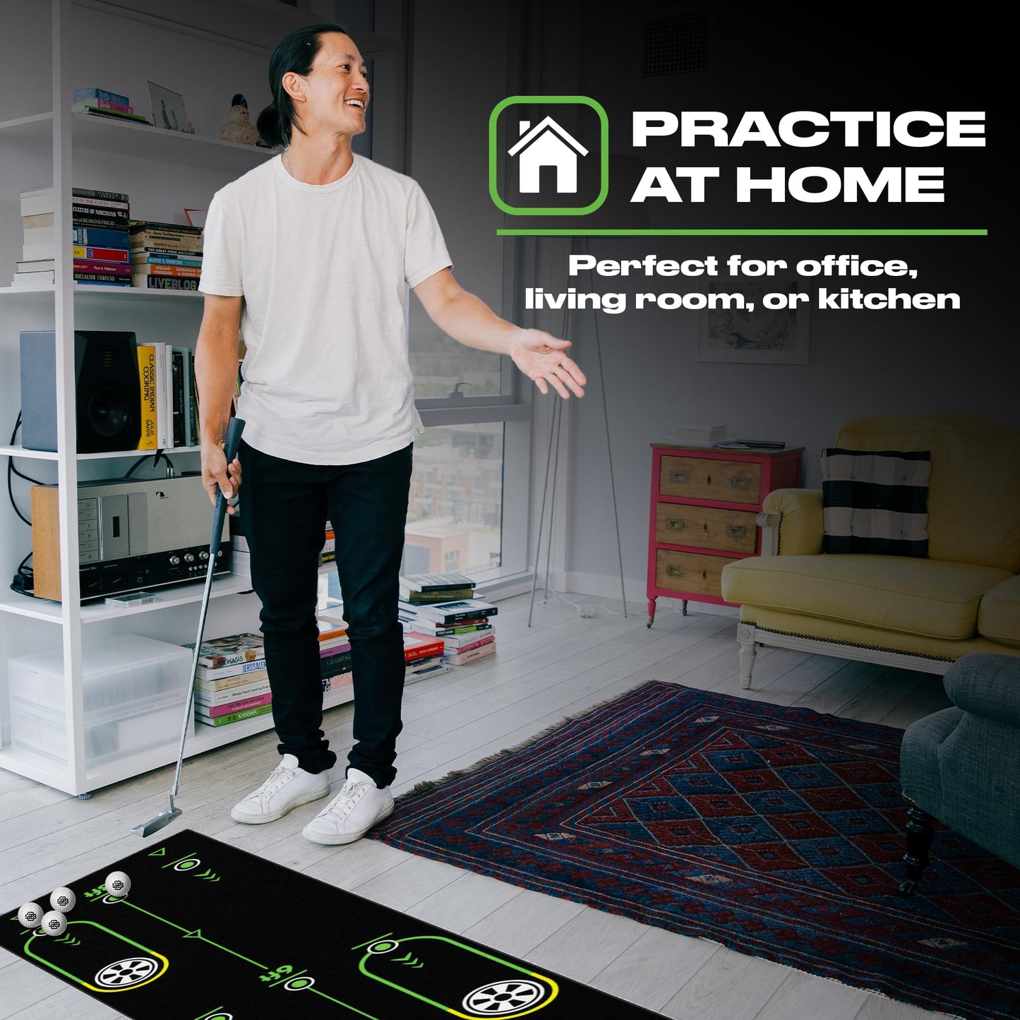 Back 2 Basics 10ft Golf Putting Mat - True - to - Life Green Simulation Golf Putting Mat - Black -