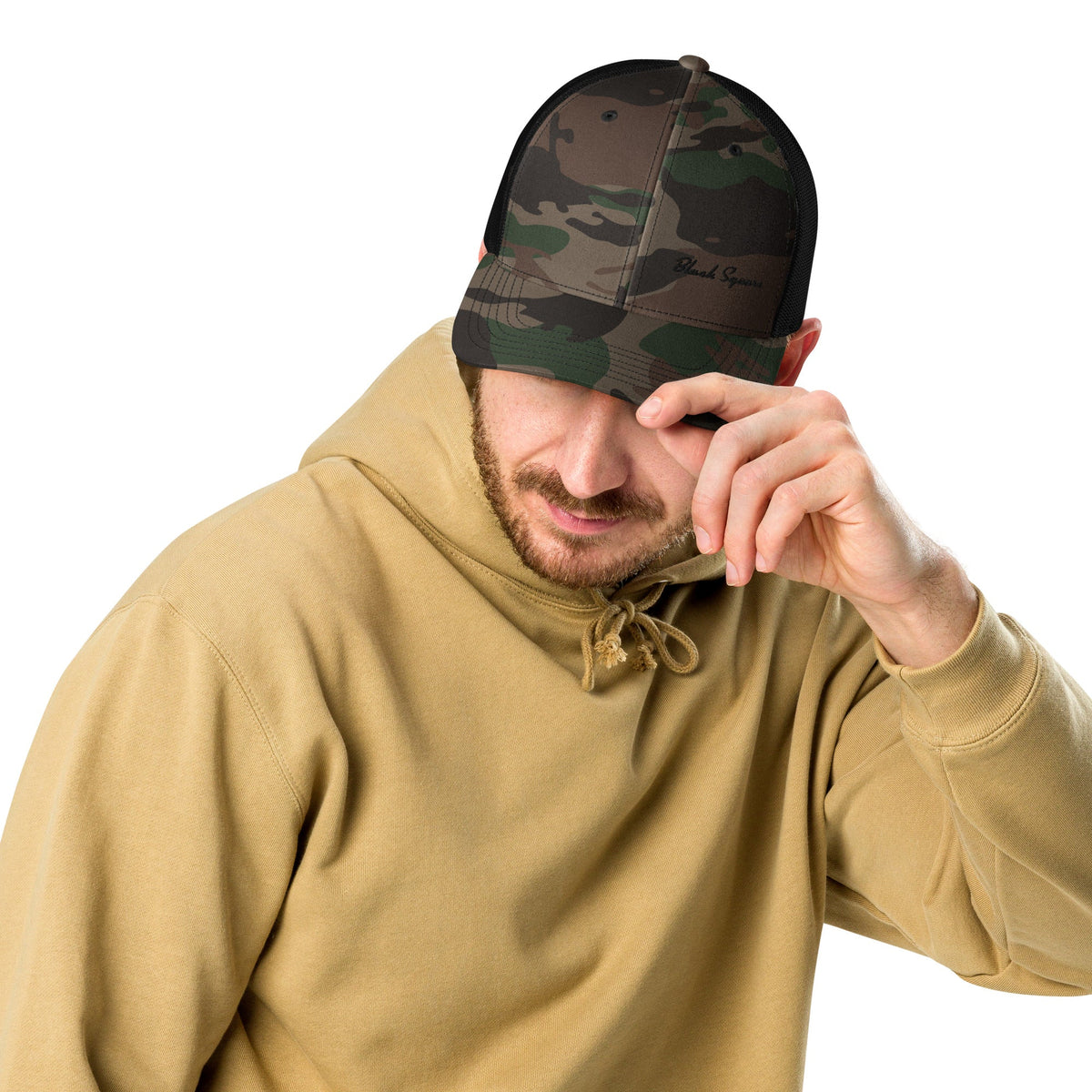 Black Square Camouflage trucker Style hat - Camo/Black -