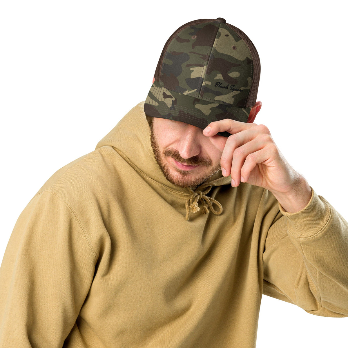 Black Square Camouflage trucker Style hat - Camo/Black -