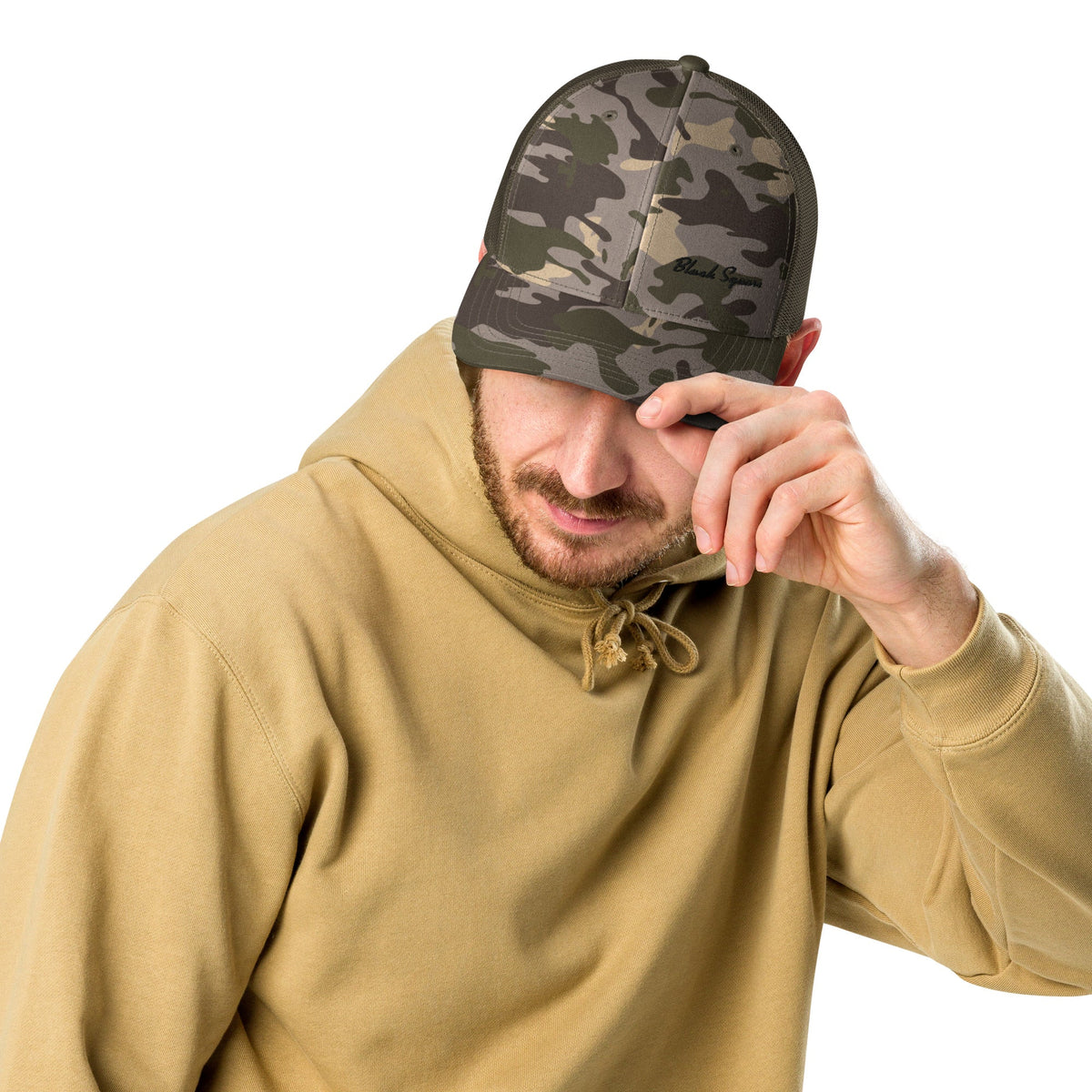 Black Square Camouflage trucker Style hat - Camo/Black -