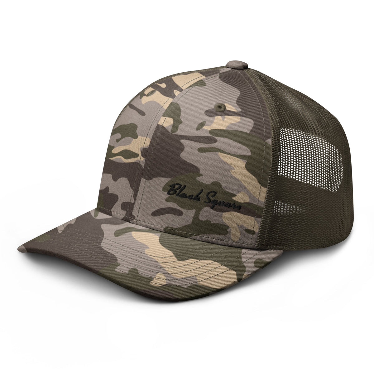Black Square Camouflage trucker Style hat - Camo/Olive -