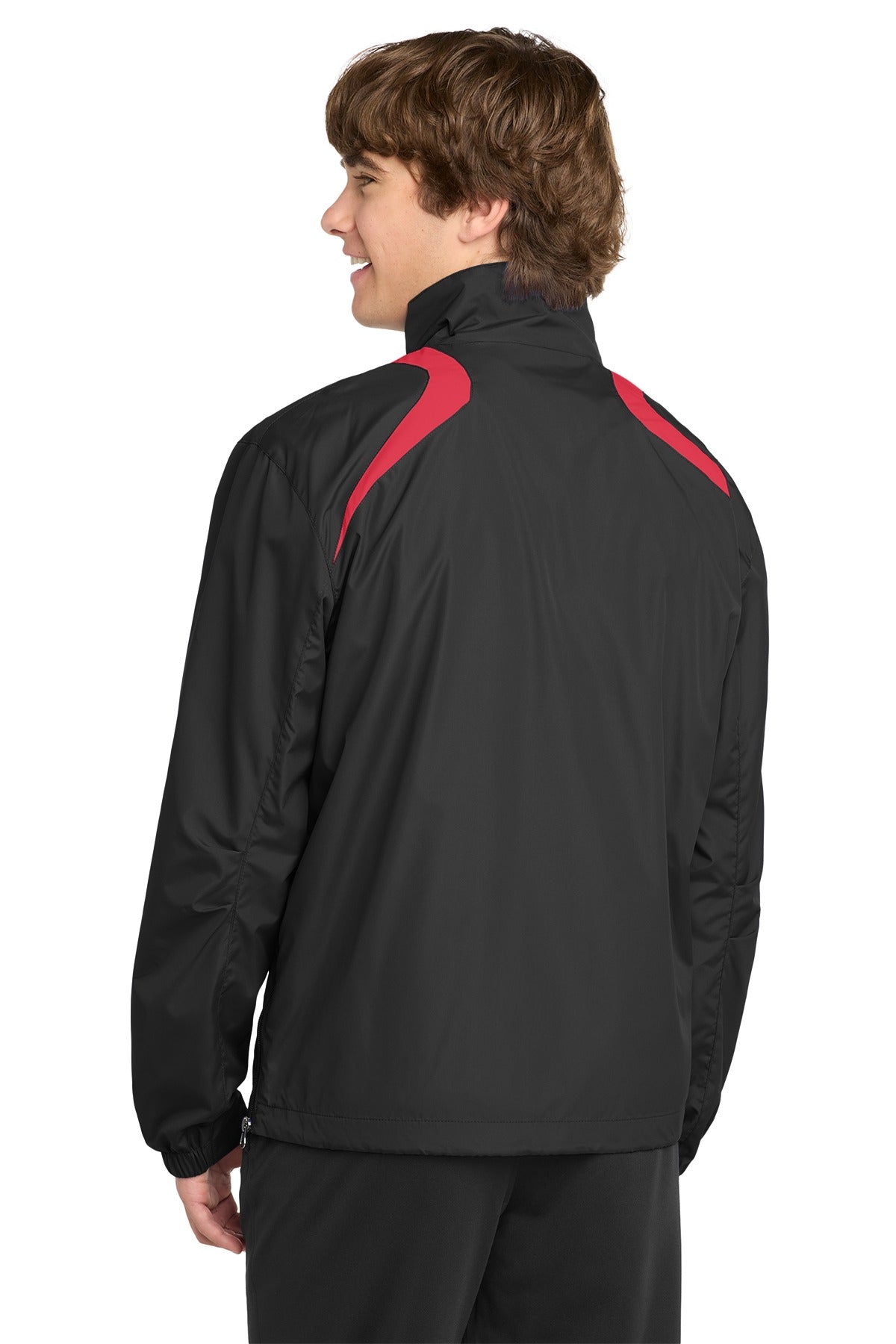 Black Square Golf 1/2-Zip Wind Shirt in Black/True Red on model, back view