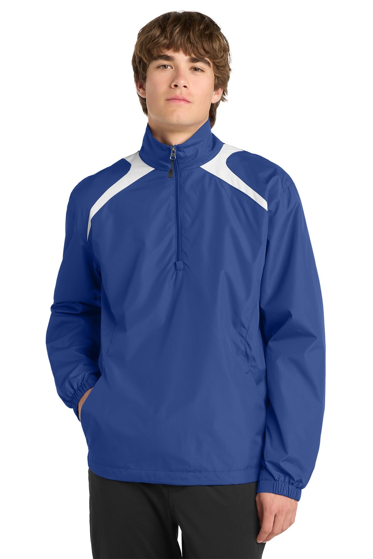 Black Square Golf 1/2-Zip Wind Shirt in True Royal/White on model, front view