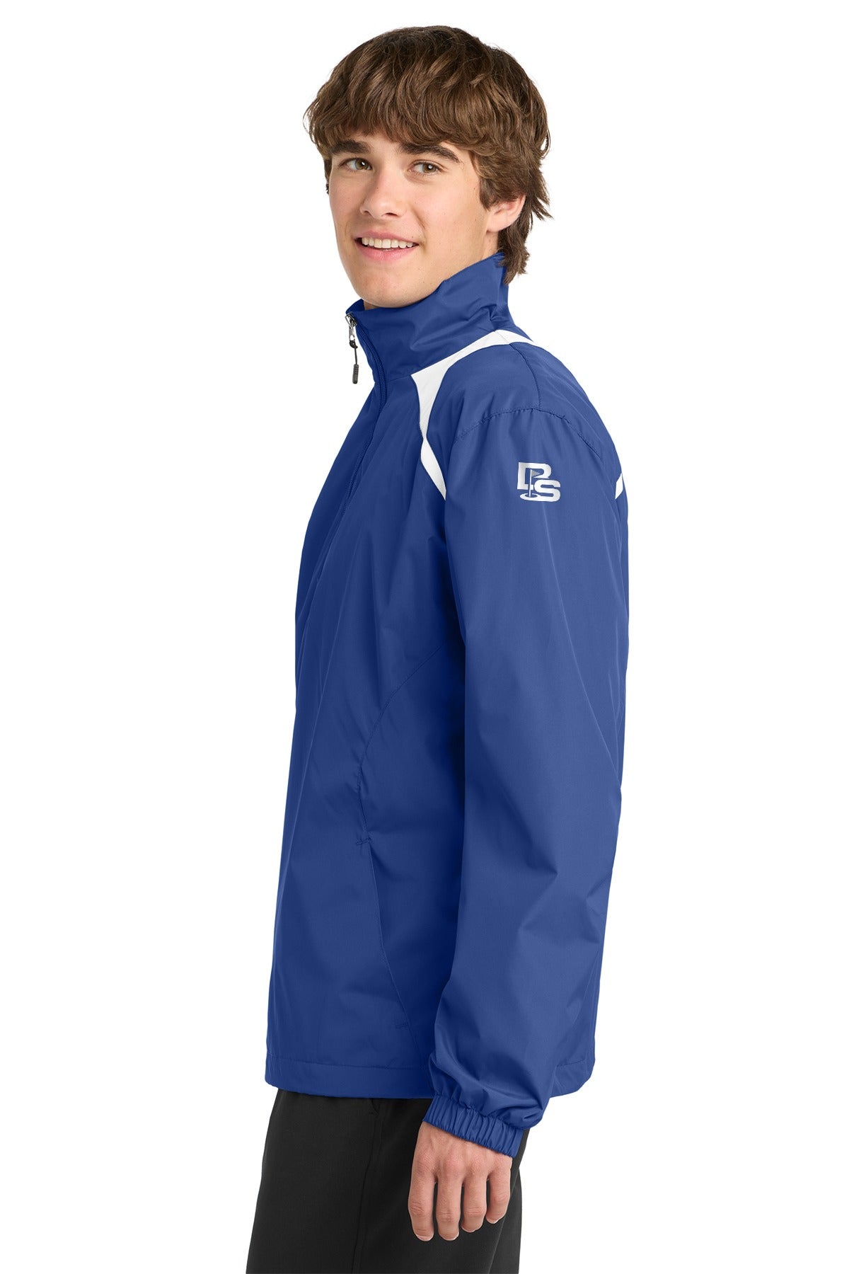 Black Square Golf 1/2-Zip Wind Shirt in True Royal/White on model, side view with the white Black Square flag logo on the upper left sleeve