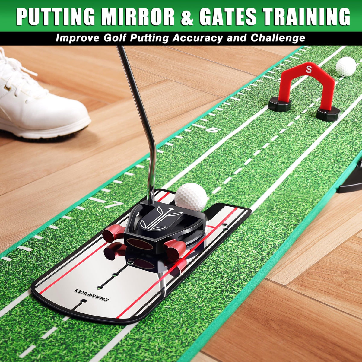 CHAMPKEY Professional Hazard Golf Putting Green Come with Golf Putting Gates and Putting Mirror - Progressive Slope Tech and Noise Reduction Tech Golf Putting Mat - Wooden Version -