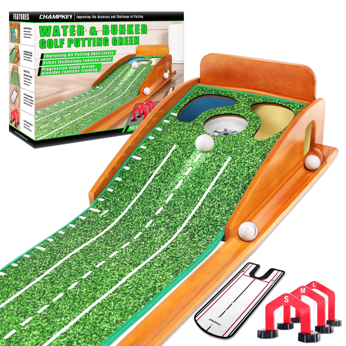 CHAMPKEY Professional Hazard Golf Putting Green Come with Golf Putting Gates and Putting Mirror - Progressive Slope Tech and Noise Reduction Tech Golf Putting Mat - Wooden Version -