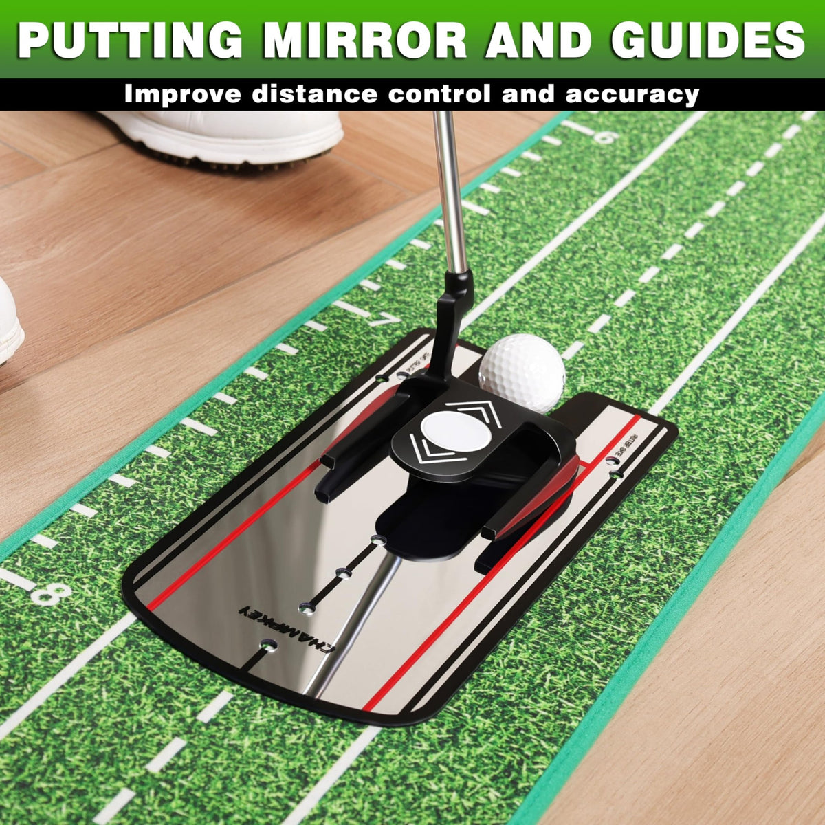 CHAMPKEY Professional Hazard Golf Putting Green Come with Golf Putting Gates and Putting Mirror - Progressive Slope Tech and Noise Reduction Tech Golf Putting Mat - Wooden Version -