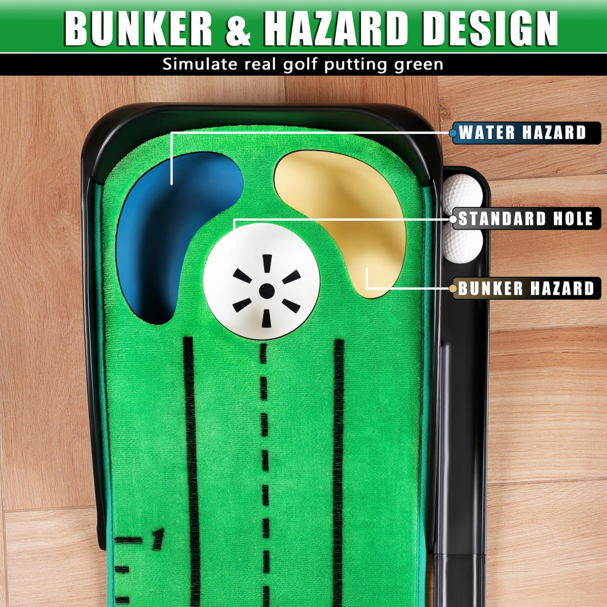 CHAMPKEY Professional Hazard Golf Putting Green Come with Golf Putting Gates and Putting Mirror - Progressive Slope Tech and Noise Reduction Tech Golf Putting Mat - Wooden Version -