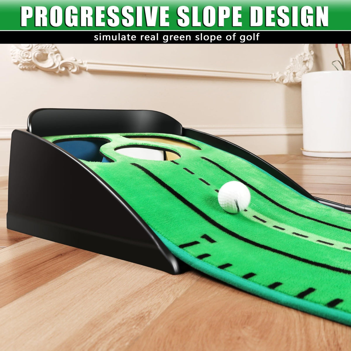 CHAMPKEY Professional Hazard Golf Putting Green Come with Golf Putting Gates and Putting Mirror - Progressive Slope Tech and Noise Reduction Tech Golf Putting Mat - Wooden Version -