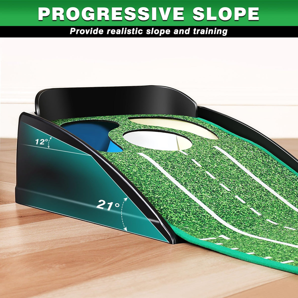 CHAMPKEY Professional Hazard Golf Putting Green Come with Golf Putting Gates and Putting Mirror - Progressive Slope Tech and Noise Reduction Tech Golf Putting Mat - Wooden Version -