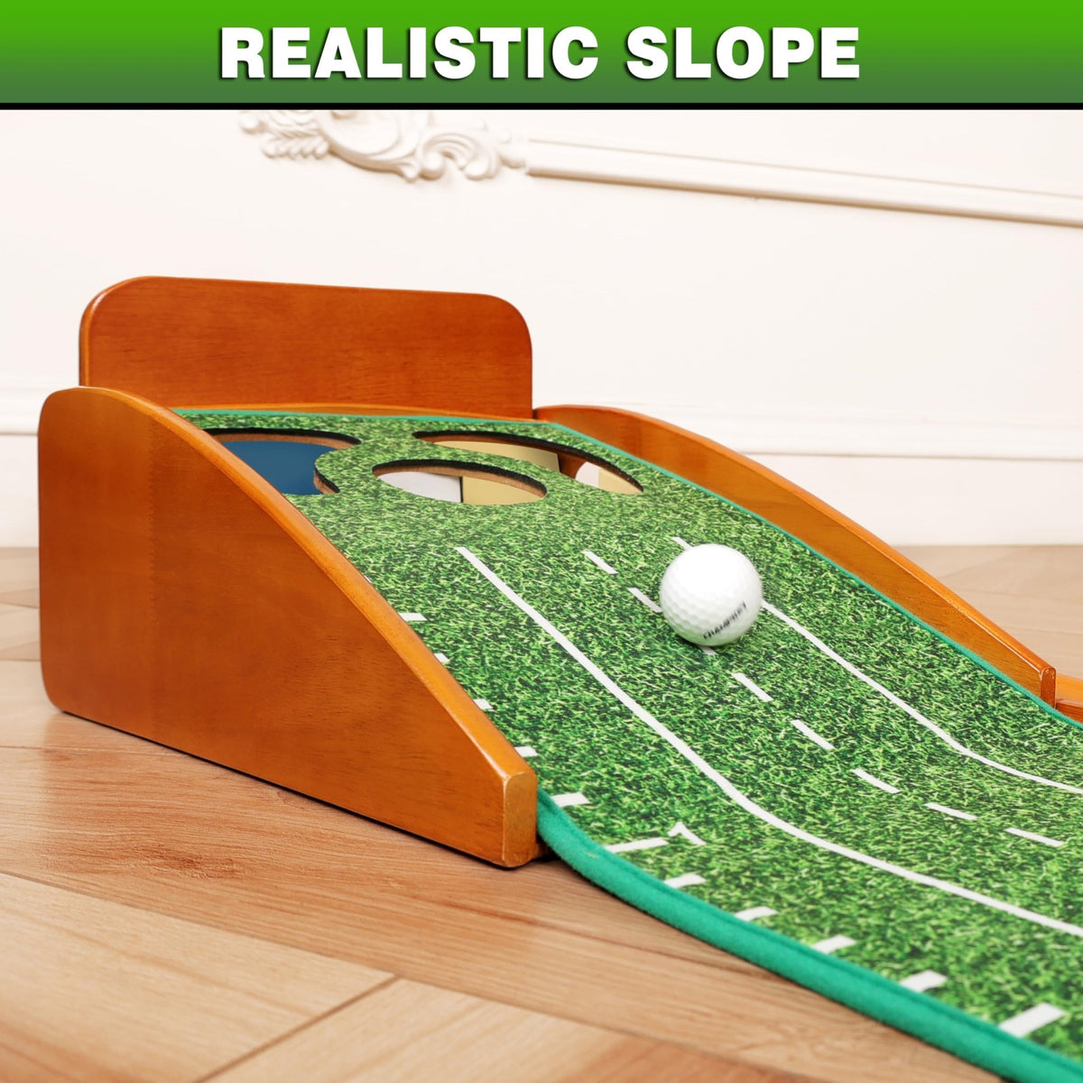 CHAMPKEY Professional Hazard Golf Putting Green Come with Golf Putting Gates and Putting Mirror - Progressive Slope Tech and Noise Reduction Tech Golf Putting Mat - Wooden Version -