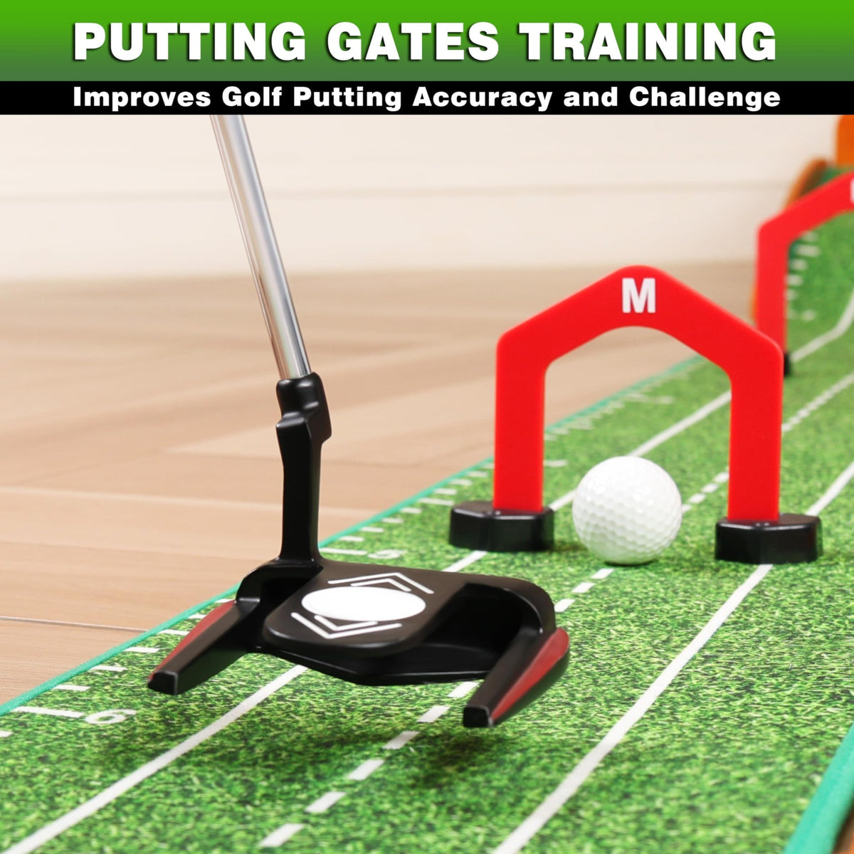CHAMPKEY Professional Hazard Golf Putting Green Come with Golf Putting Gates and Putting Mirror - Progressive Slope Tech and Noise Reduction Tech Golf Putting Mat - Wooden Version -