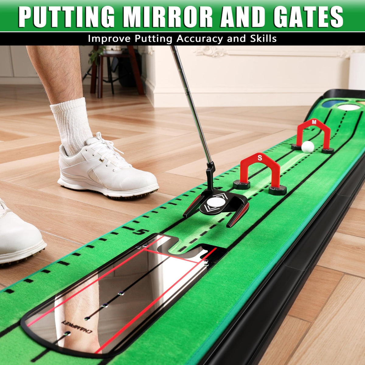 CHAMPKEY Professional Hazard Golf Putting Green Come with Golf Putting Gates and Putting Mirror - Progressive Slope Tech and Noise Reduction Tech Golf Putting Mat - Wooden Version -