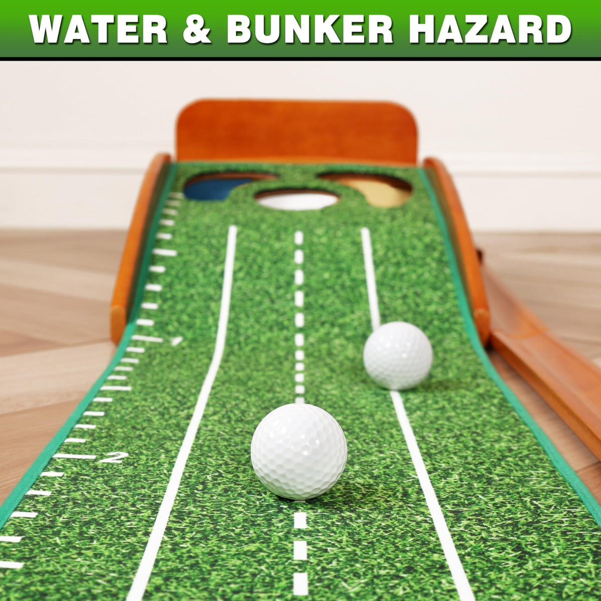 CHAMPKEY Professional Hazard Golf Putting Green Come with Golf Putting Gates and Putting Mirror - Progressive Slope Tech and Noise Reduction Tech Golf Putting Mat - Wooden Version -