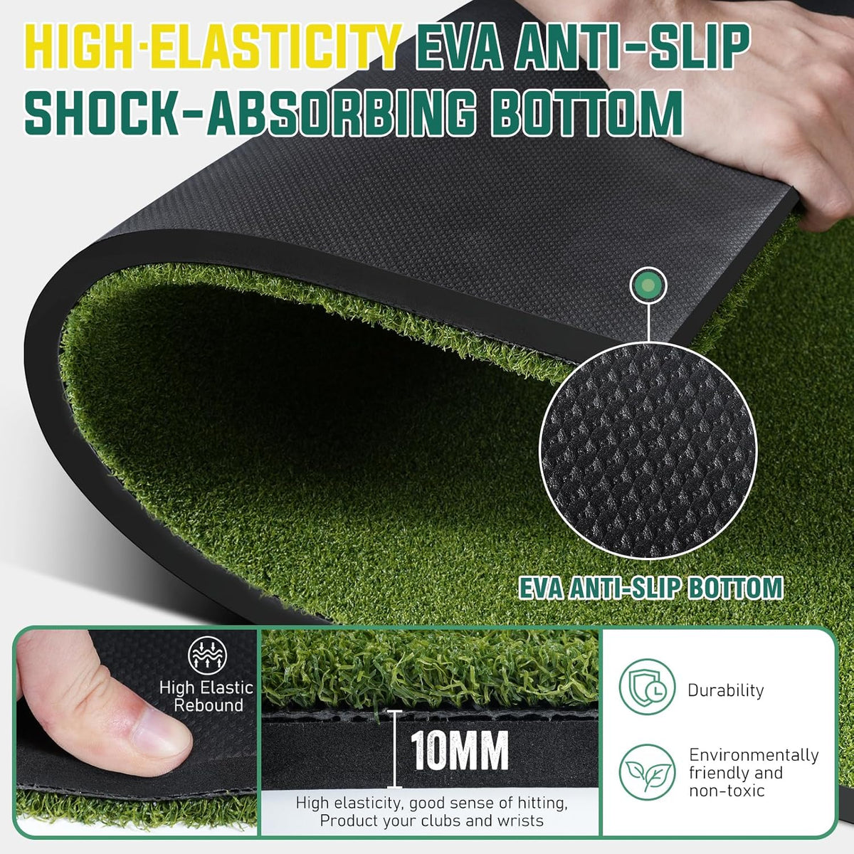Dual Turf Golf Mat - 5 x 4 ft Hitting Mat with Alignment Lines, 9 Tees & Balls Accessories for Swing, Chipping, Putting -