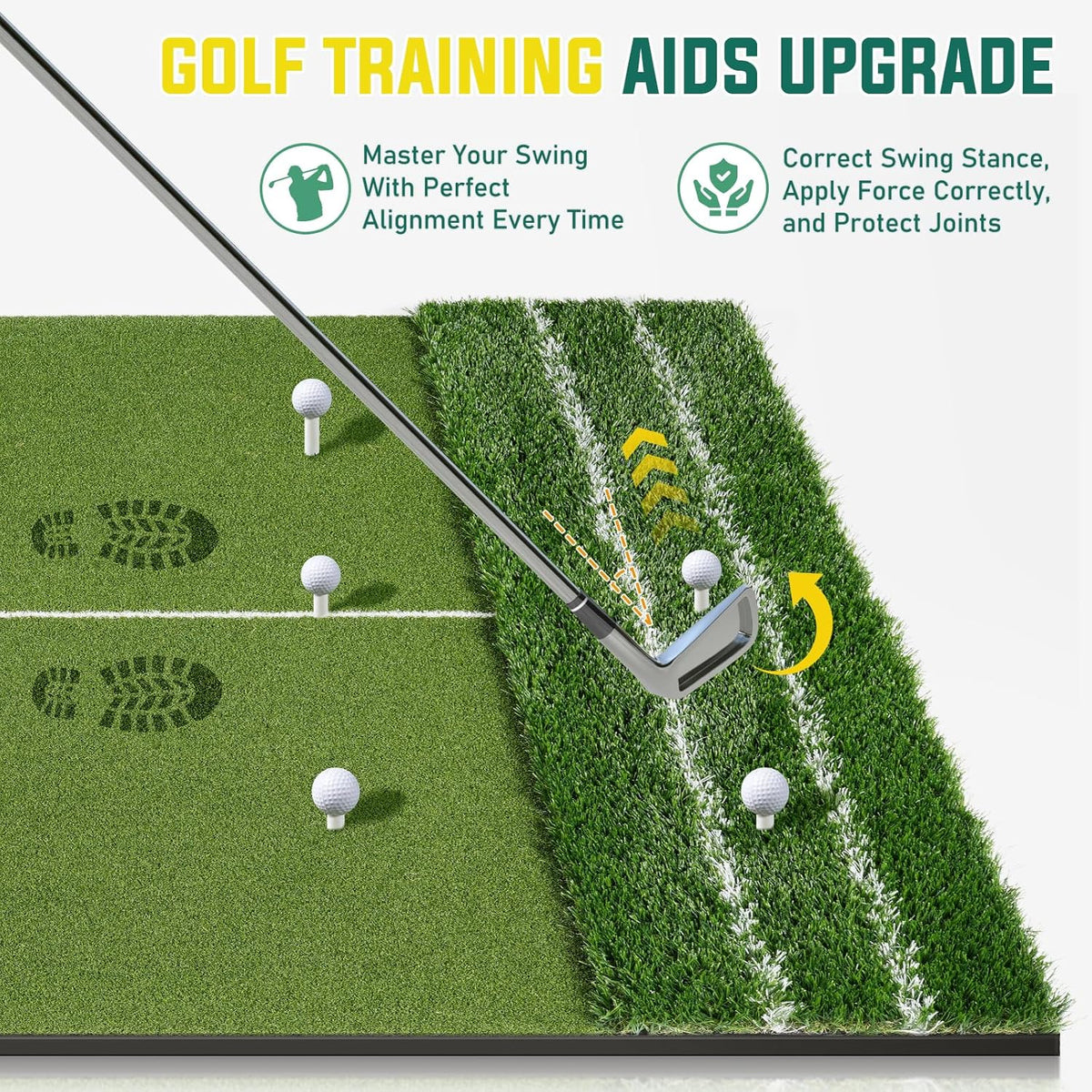 Dual Turf Golf Mat - 5 x 4 ft Hitting Mat with Alignment Lines, 9 Tees & Balls Accessories for Swing, Chipping, Putting -