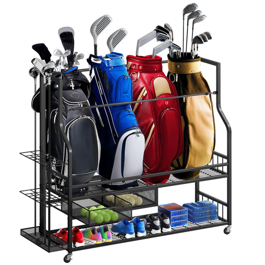DWVO Golf Bag Organizer for Garage - 4 Bags w/2 Drawers -