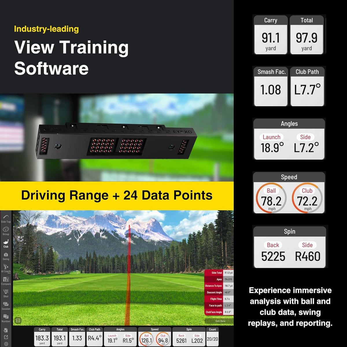 Eye XO Golf Launch Monitor,2 - Camera Front - Mounted Indoor Golf Simulator with 24 Data Points -