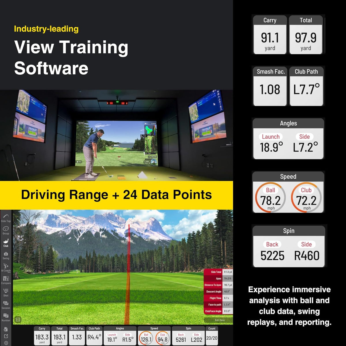 Eye XO2 Golf Launch Monitor – 3 - Camera Indoor Golf Simulator with 24 Data Points and Trouble Mat Compatibility -