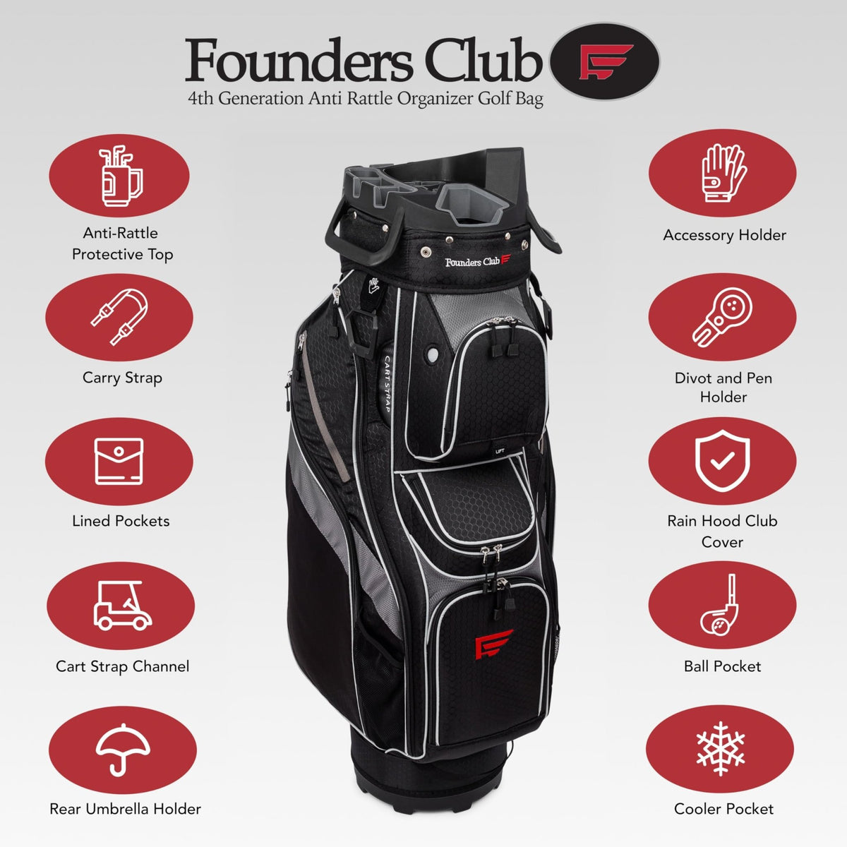 Founders Club 4th Generation Club Lock Organizer Golf Cart Bag for Men with 14 Way Anti Rattle Divider Top - Free Snap On Rain Hood - Full Length Dividers - Stone -