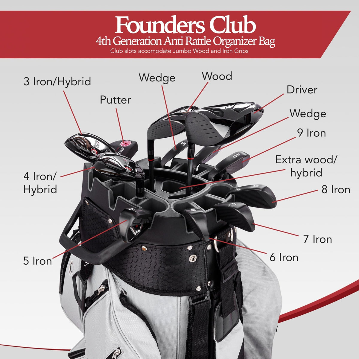 Founders Club 4th Generation Club Lock Organizer Golf Cart Bag for Men with 14 Way Anti Rattle Divider Top - Free Snap On Rain Hood - Full Length Dividers - Stone -