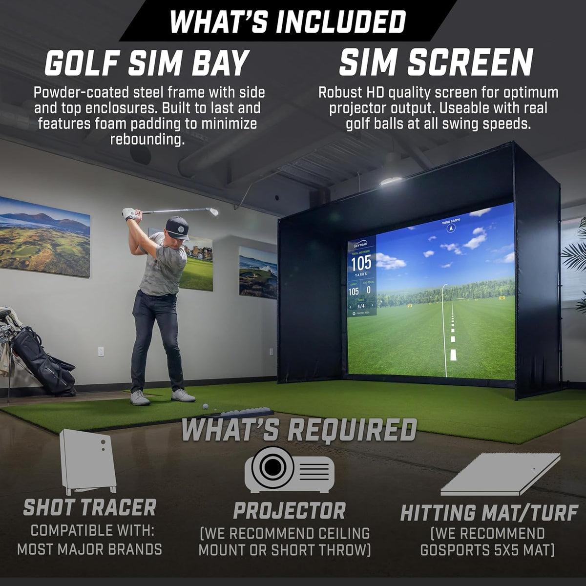 GoSports Golf Simulator Enclosure - Complete Set with Frame and HD Impact Screen Kit - 10 x 8 ft -