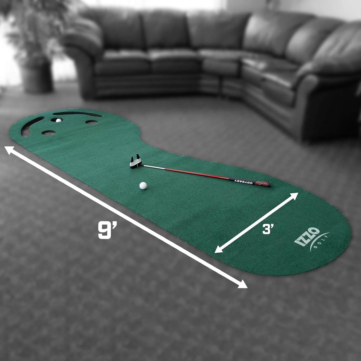 IZZO Golf 3' x 9' 3 - Hole Putting Mat - Green Kidney Shaped 3 Hole Putting mat Training aid to Help Practice Putting -