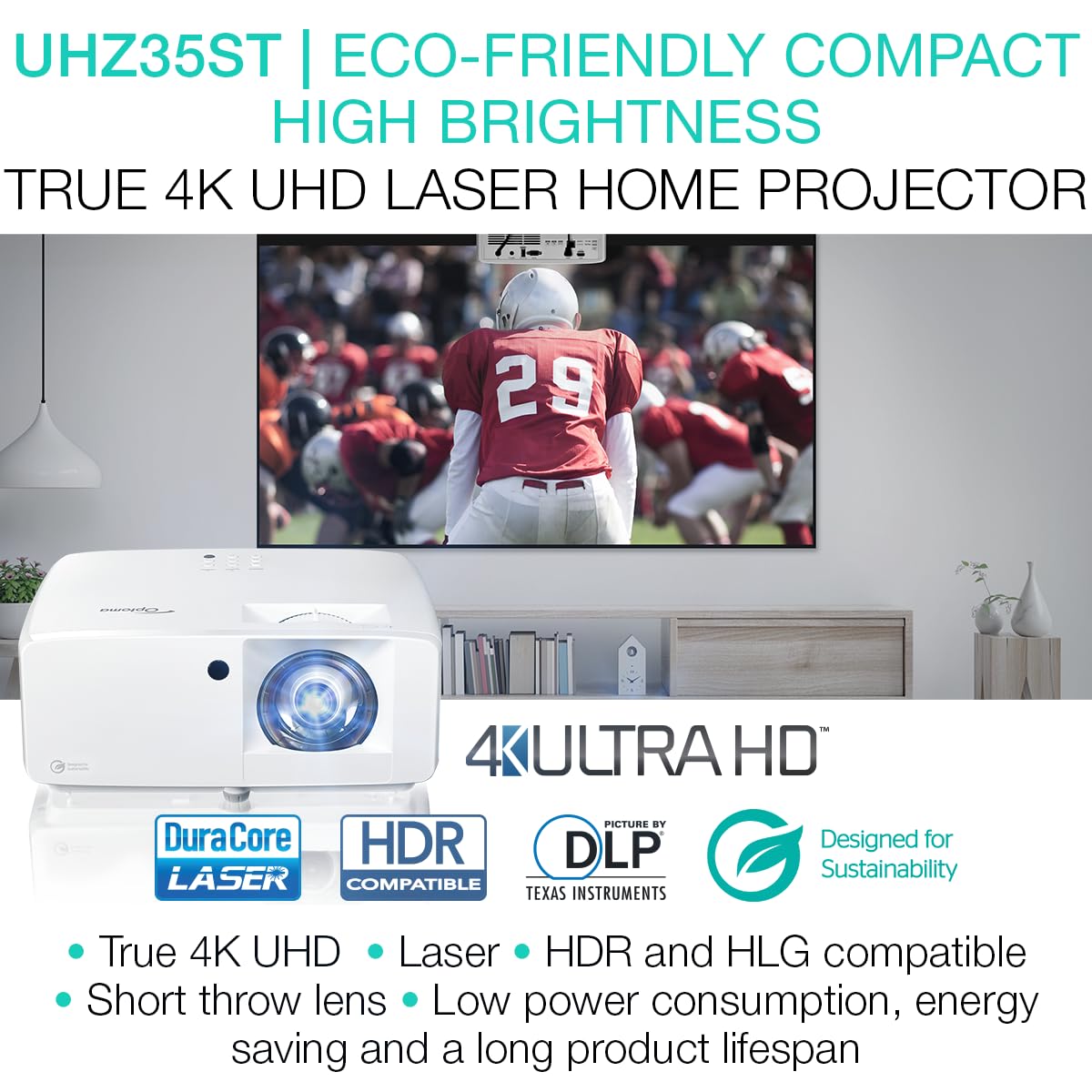 Optoma UHZ35 Projector - 4K UHD Laser Projector for Home Theater and Gaming - UHD35STx (Latest, Lamp, Short Throw) -