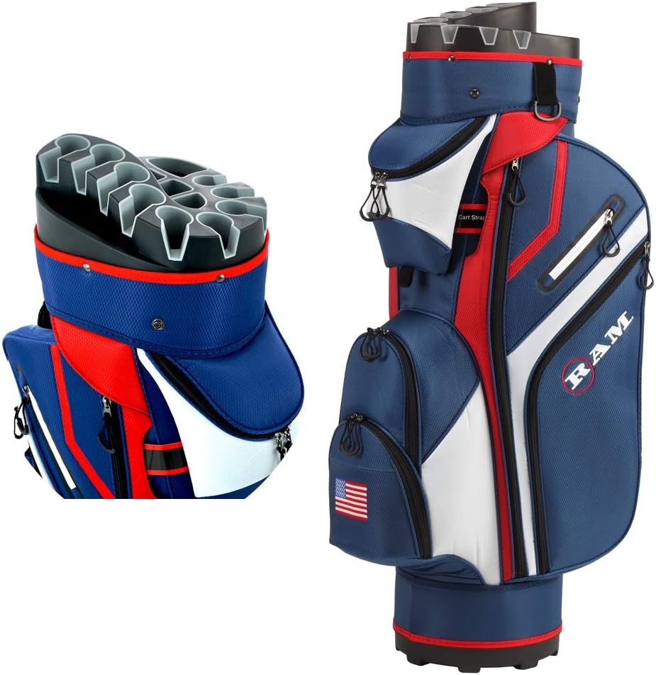 Ram Golf Premium Cart Bag with 14 Way Molded Organizer Divider Top - USA Flag -