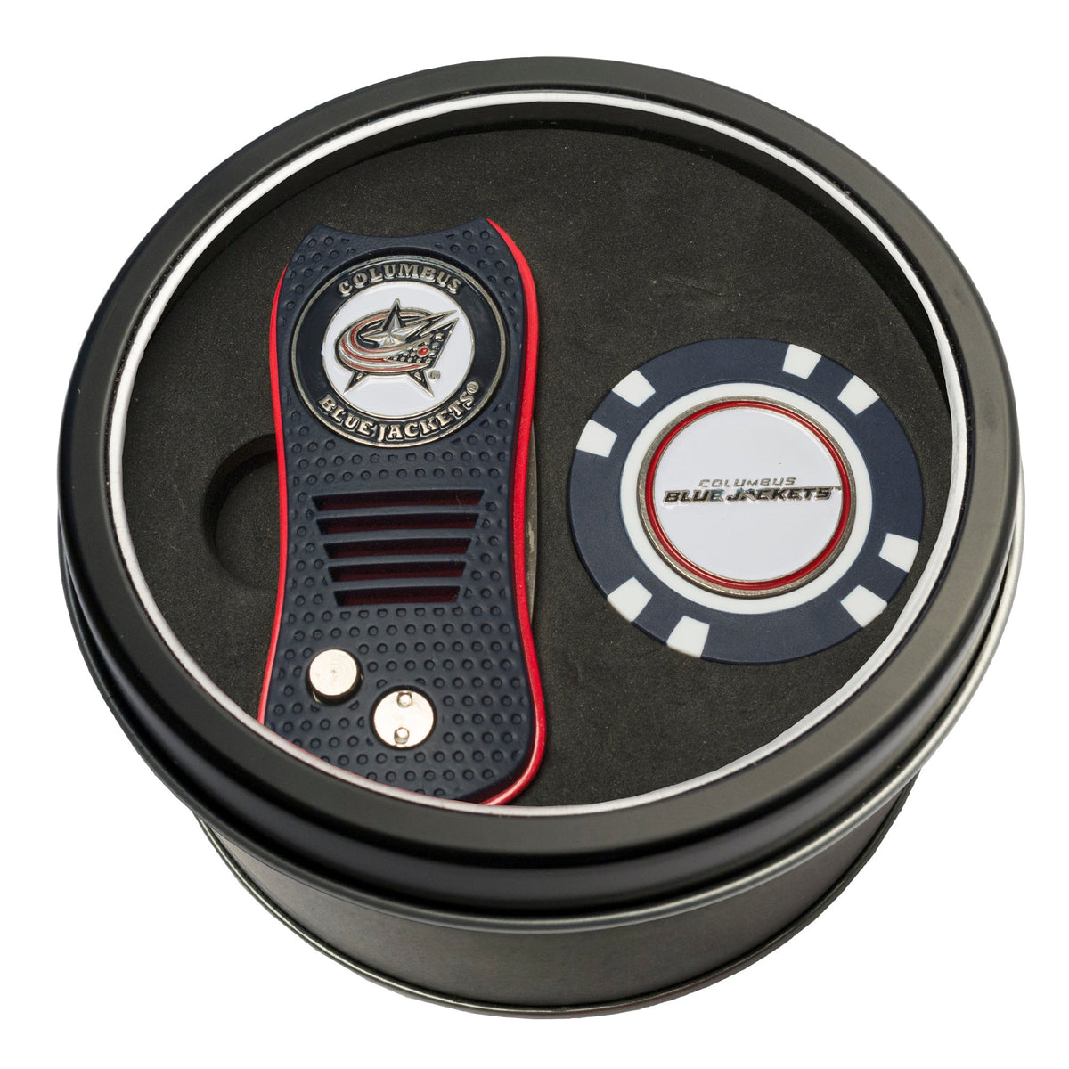 Team Golf COLM Blue Jackets Golf Gift Sets - Tin - Divot Tool & Poker Chip -