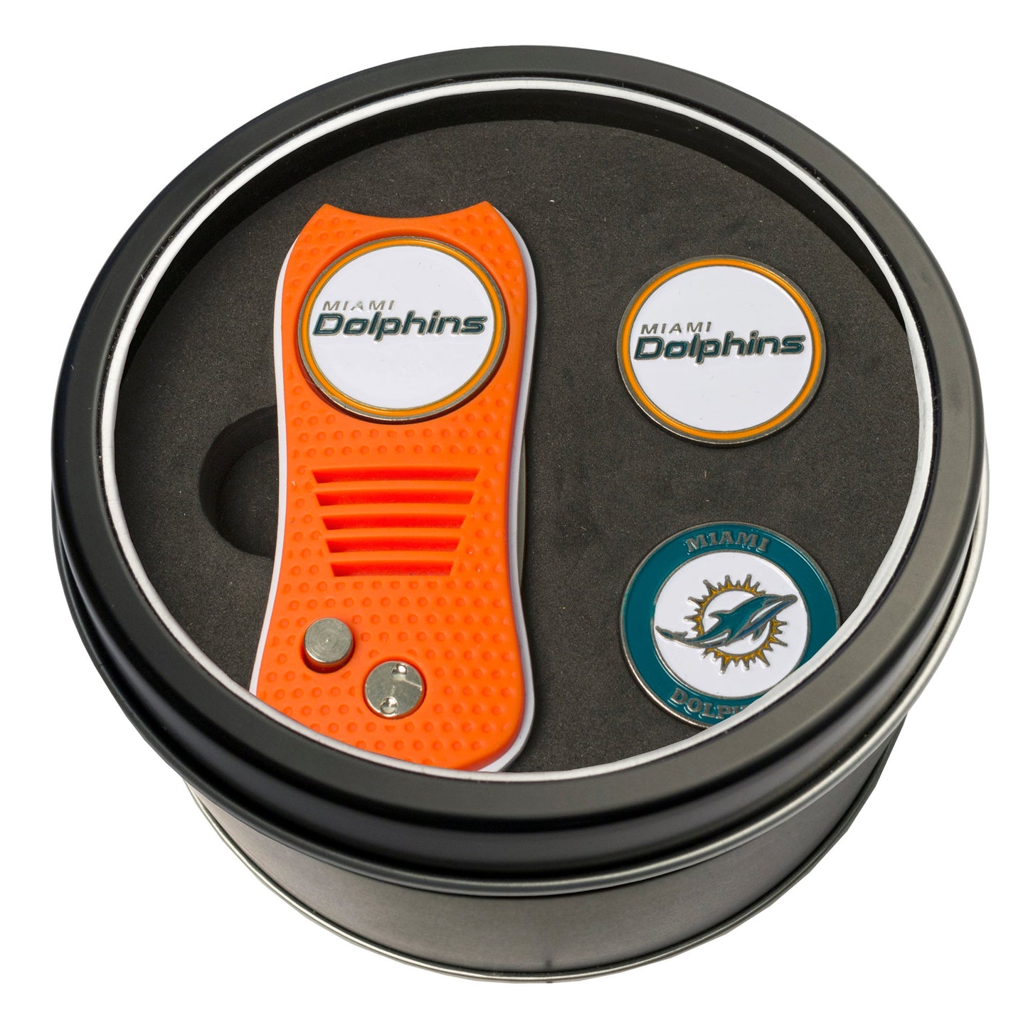 Team Golf Miami Dolphins Golf Gift Sets - Tin-Divot Tool & 2 Markers -