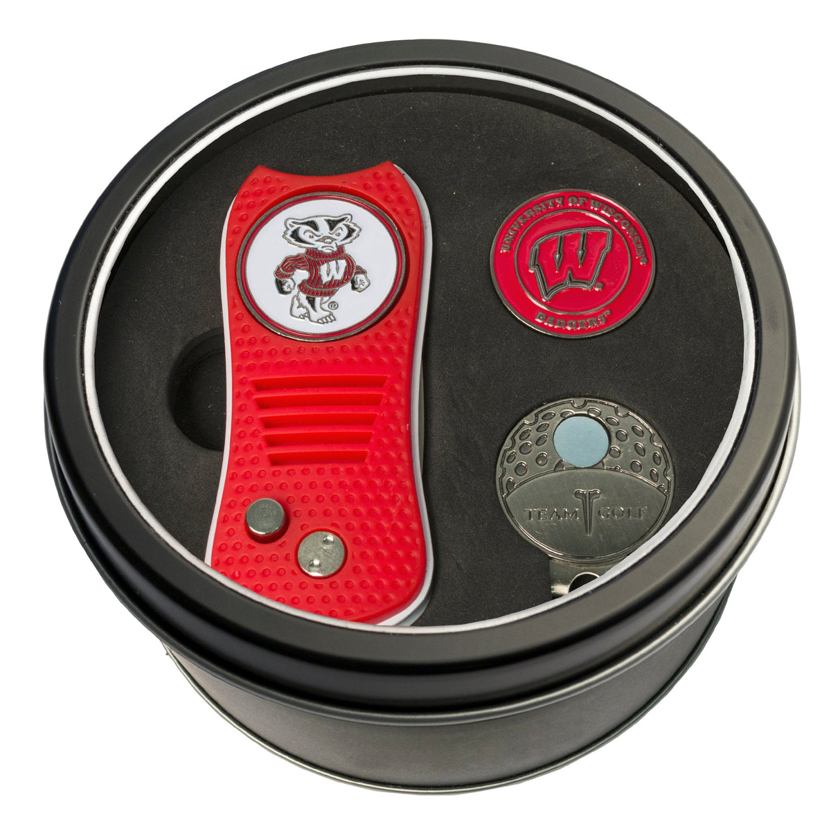 Team Golf Wisconsin Golf Gift Sets - Tin - Divot Tool & Hat Clip -