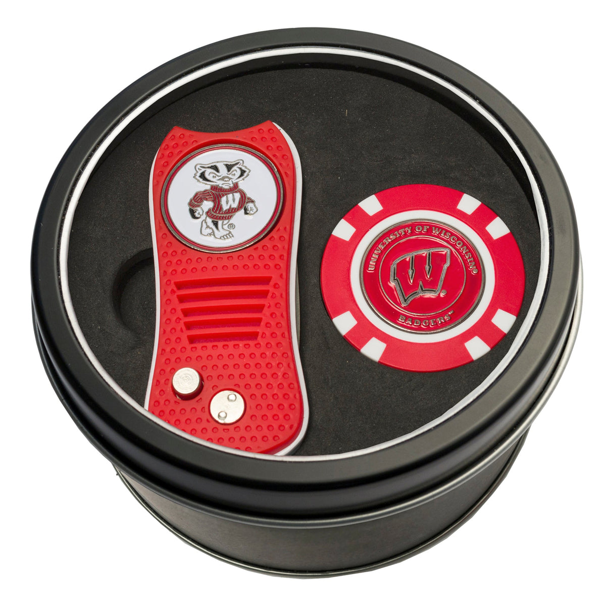 Team Golf Wisconsin Golf Gift Sets - Tin - Divot Tool & Poker Chip -