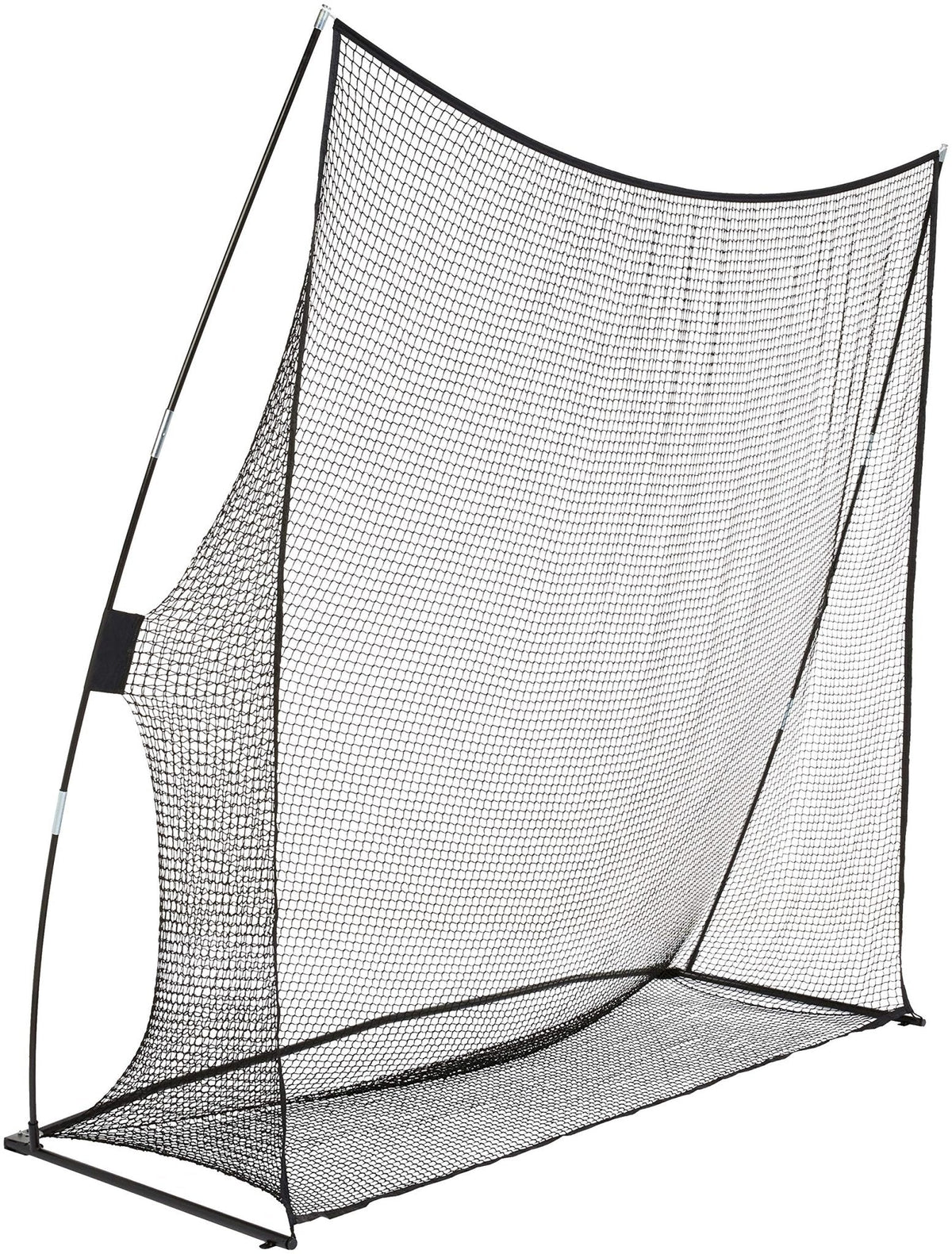 Golf practice net with a black frame and extended ground netting