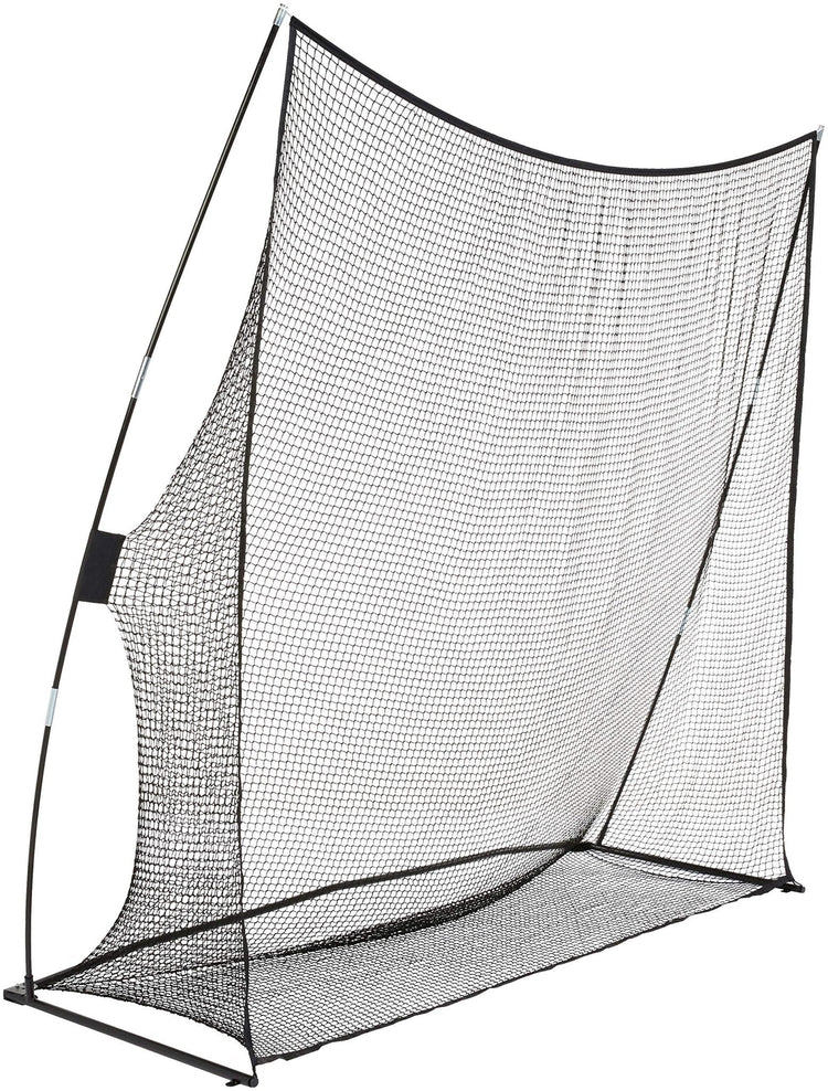 Golf practice net with a black frame and extended ground netting