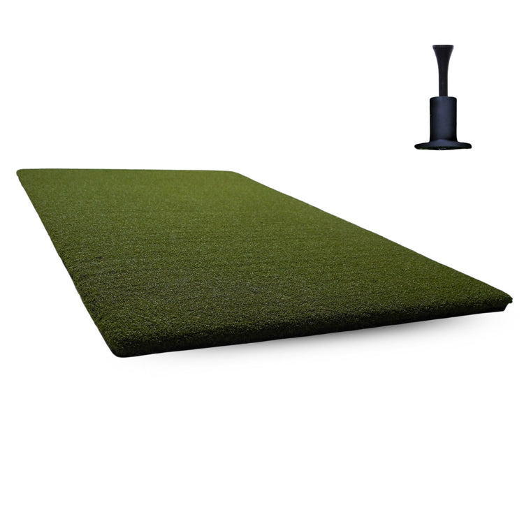 Square green golf hitting mat with a hitting tee