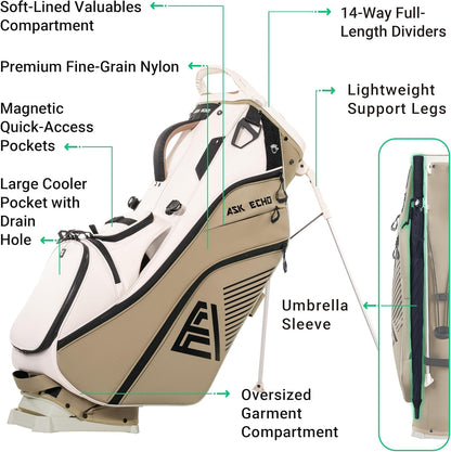 ASK ECHO Golf ST-14 Hybrid Stand Bag with 14 Way Full Length Dividers & Quick Putter Clip