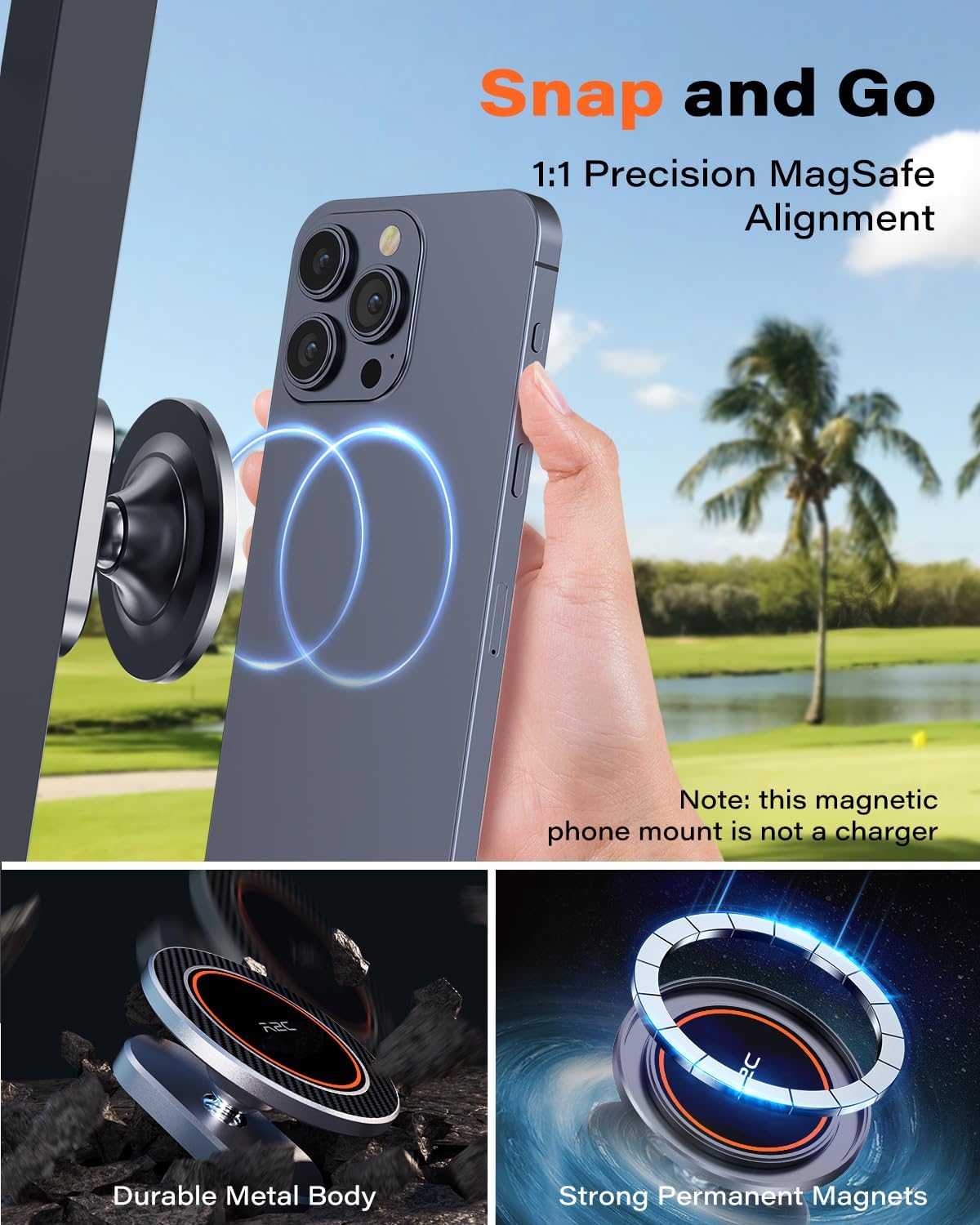 A2C Alloy Magnetic Golf Cart Phone Holder for MagSafe iPhone 16 Pro Max Plus 15 14 13 12 Mini Fits EZGO, Club Car, Yamaha, Icon, Golf Cart Accessories Gadgets Essentials Gift for Friends Men Women - 