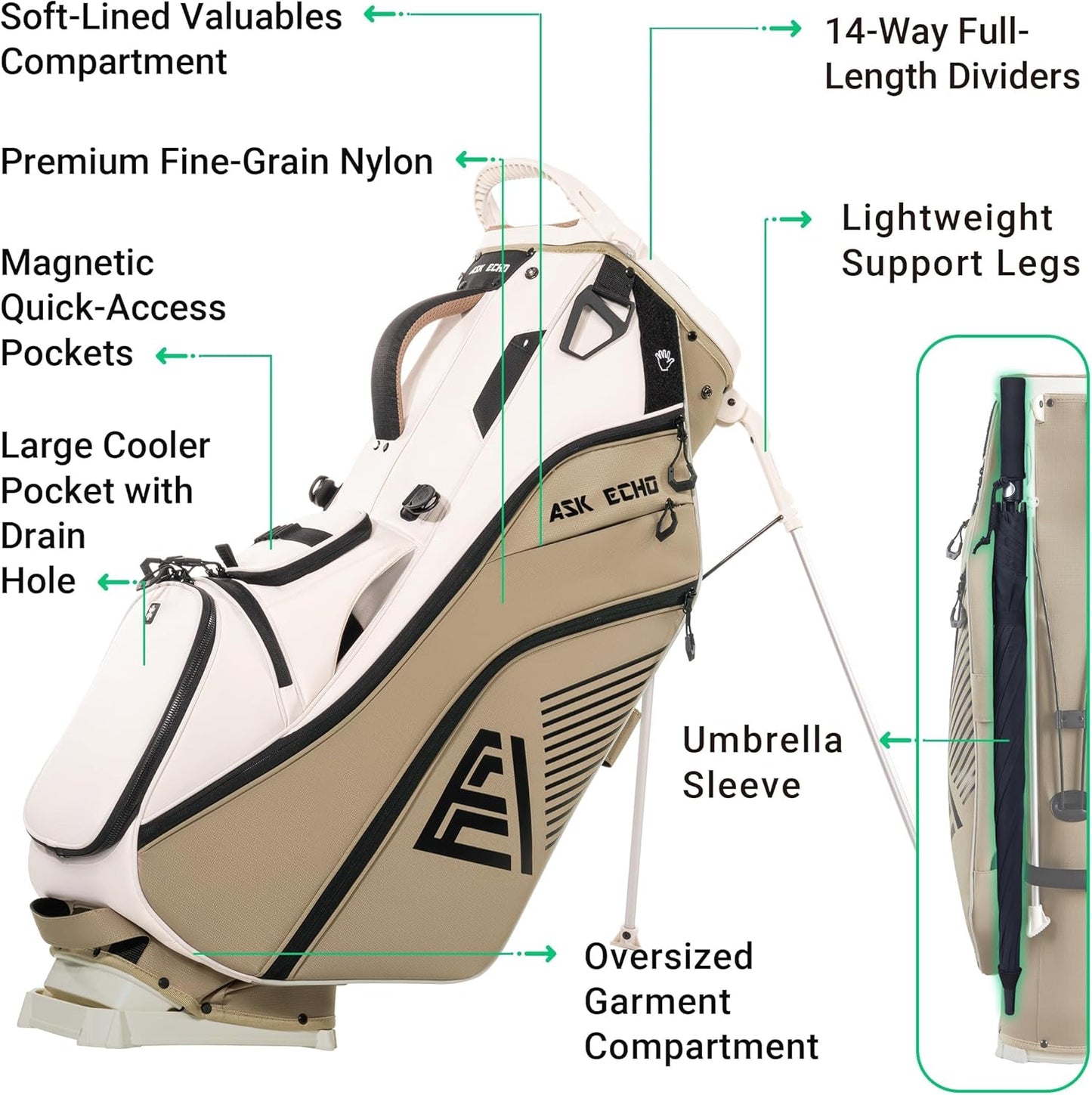 ASK ECHO Golf ST - 14 Hybrid Stand Bag with 14 Way Full Length Dividers & Quick Putter Clip - Ask Echo