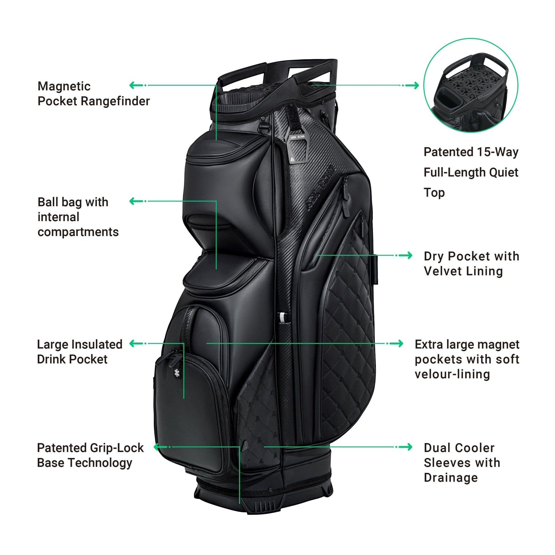 ASK ECHO Soundless Cart Golf Bag with 15 Way Full Length Dividers Golf SLC - 130LE Cart Bag - Ask Echo
