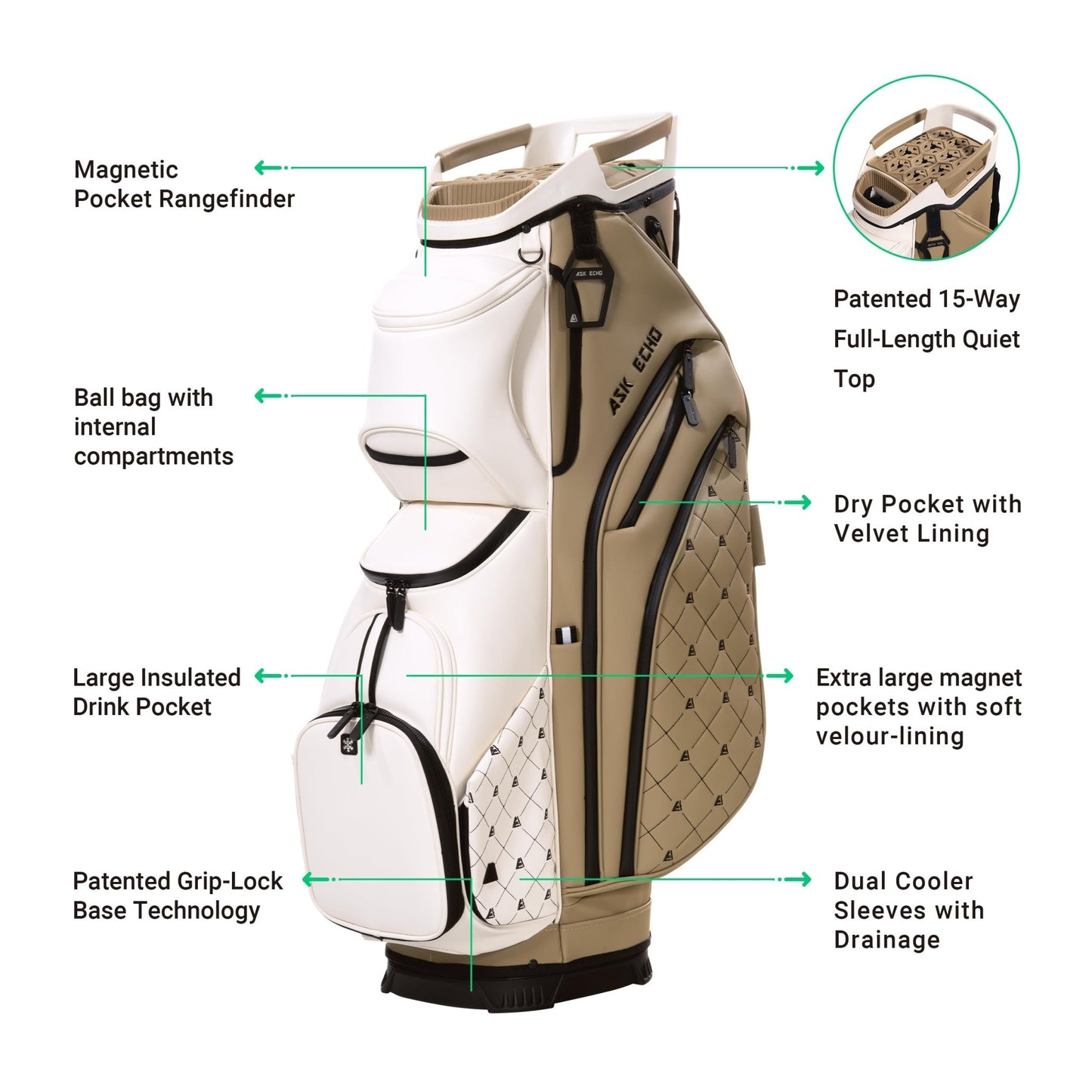 ASK ECHO Soundless Cart Golf Bag with 15 Way Full Length Dividers Golf SLC - 130LE Cart Bag - Ask Echo