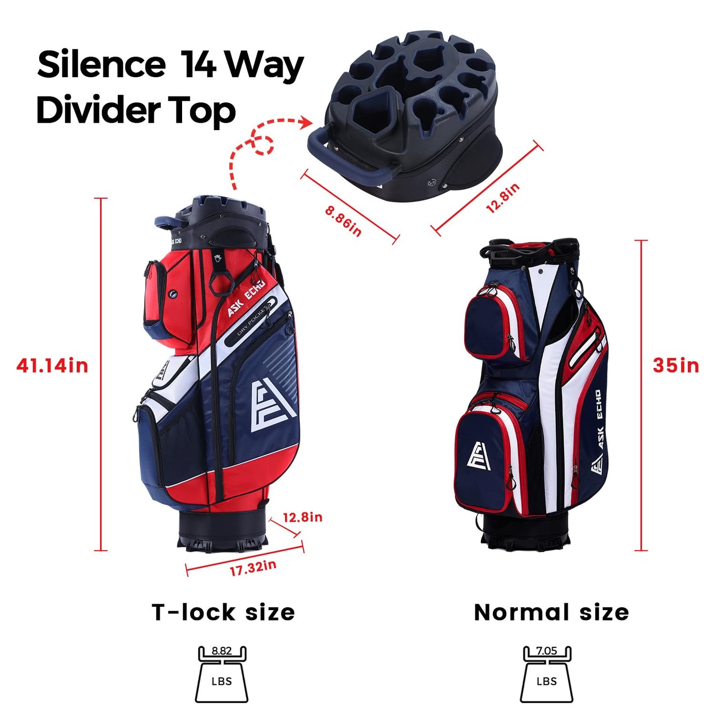 ASK ECHO T - Lock Golf Cart Bag with 14 Way Organizer Divider Top, Premium Cart Bag with Handles and Rain Cover - Navy Blue - 