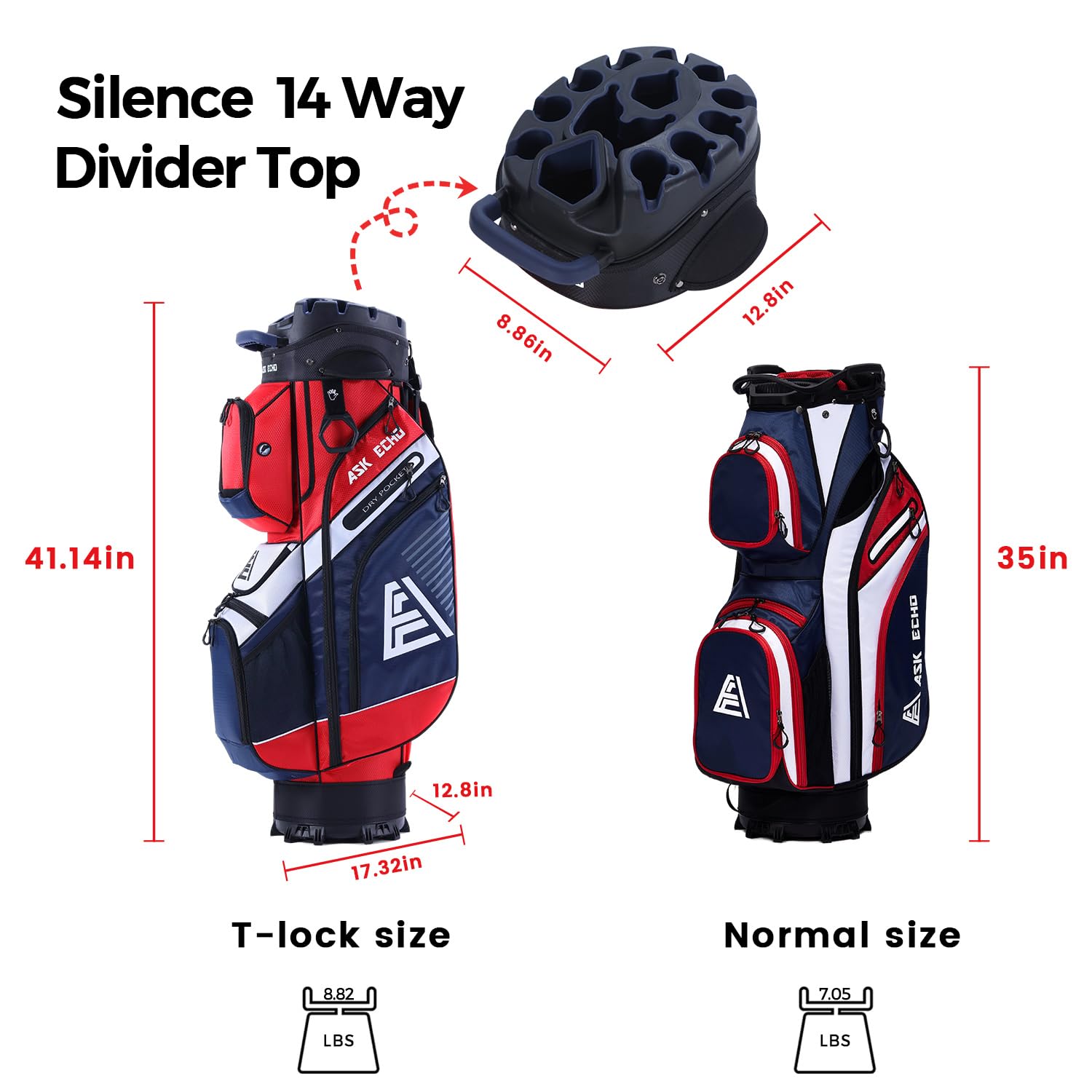 ASK ECHO T - Lock Golf Cart Bag with 14 Way Organizer Divider Top, Premium Cart Bag with Handles and Rain Cover - Navy Blue - 