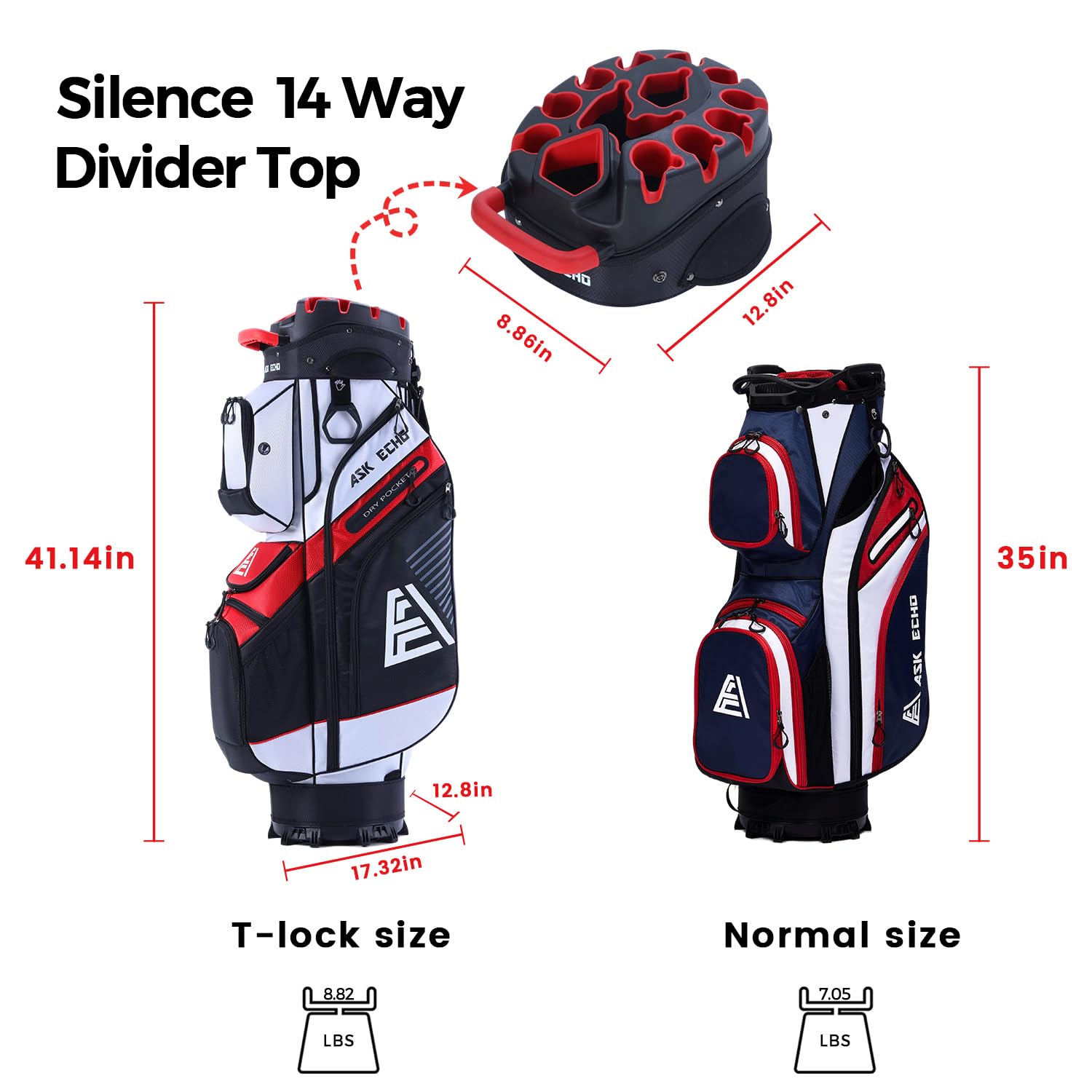 ASK ECHO T - Lock Golf Cart Bag with 14 Way Organizer Divider Top, Premium Cart Bag with Handles and Rain Cover - Navy Blue - 