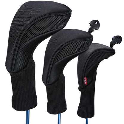 Black Golf Club Head Cover for Driver Fairway 3 Pcs Woods Headcovers - Black - 