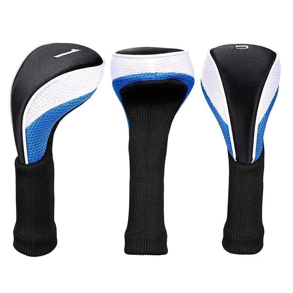 Black Golf Club Head Cover for Driver Fairway 3 Pcs Woods Headcovers - Black - Blue - 