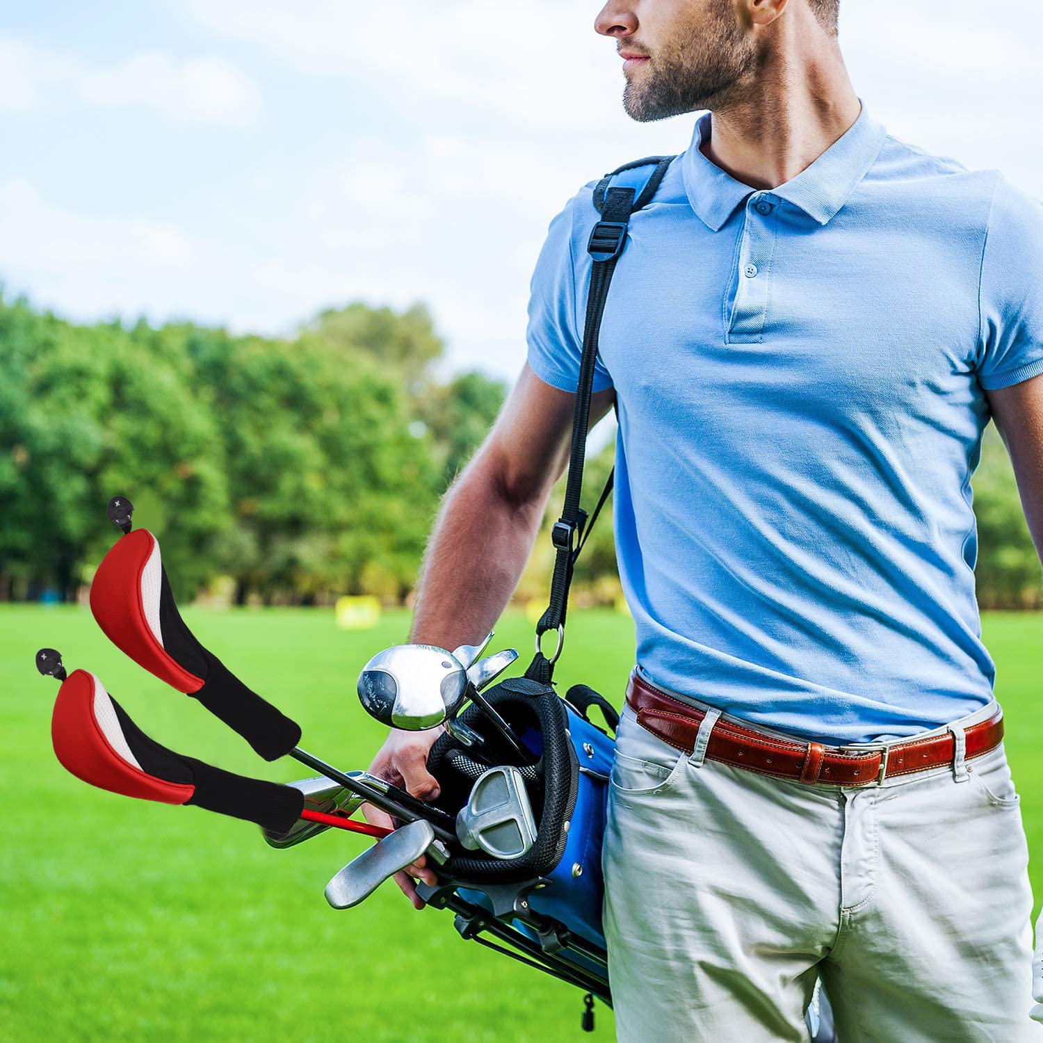 Black Golf Club Head Cover for Driver Fairway 3 Pcs Woods Headcovers - Black - Blue - 