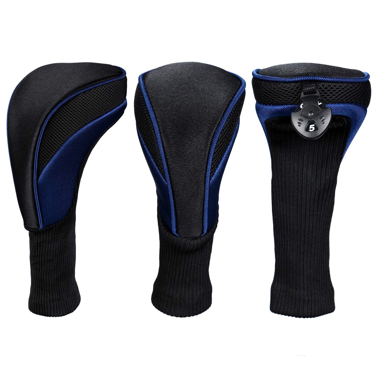 Black Golf Club Head Cover for Driver Fairway 3 Pcs Woods Headcovers - Black - Blue - 
