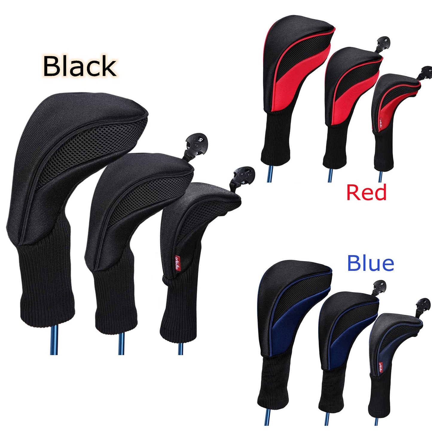 Black Golf Club Head Cover for Driver Fairway 3 Pcs Woods Headcovers - Black - Blue - 